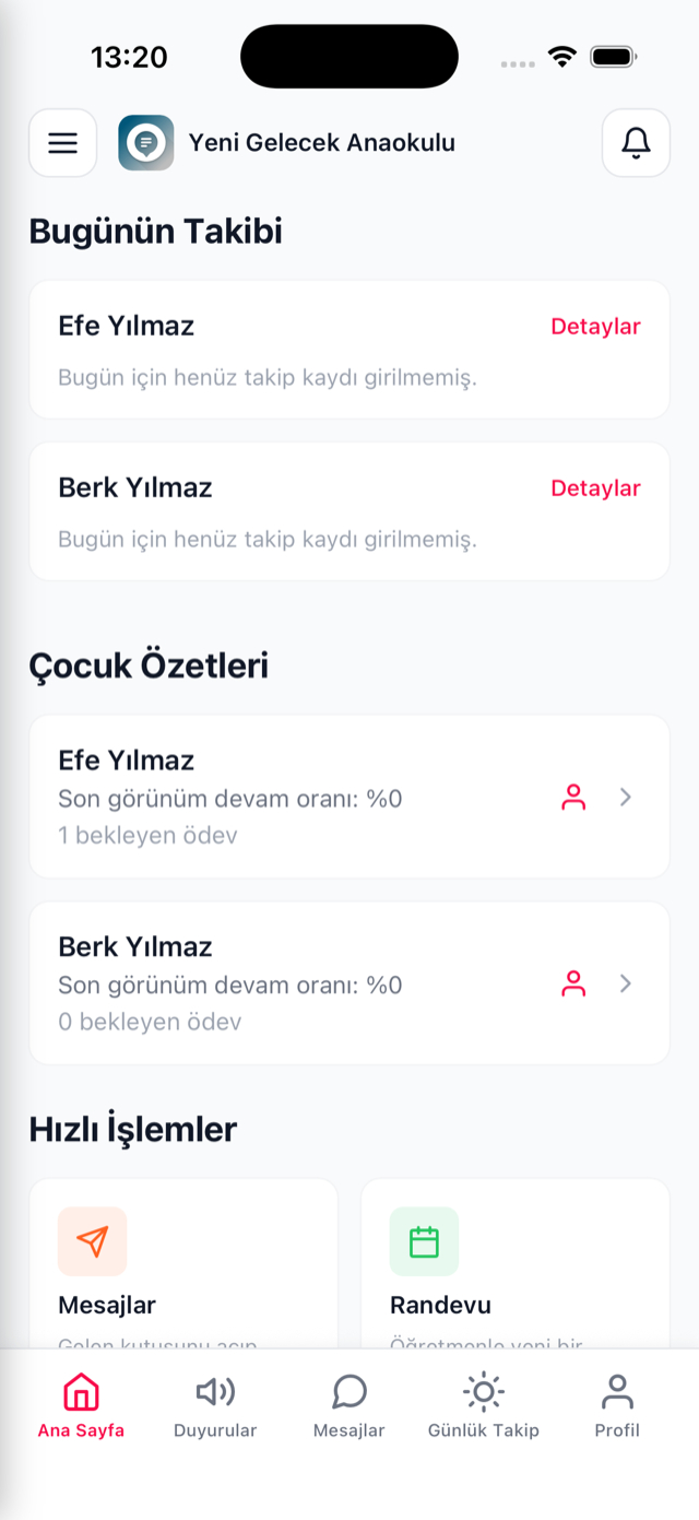 OkulUp ana sayfa ekranı: günlük özet ve hızlı erişim kartları