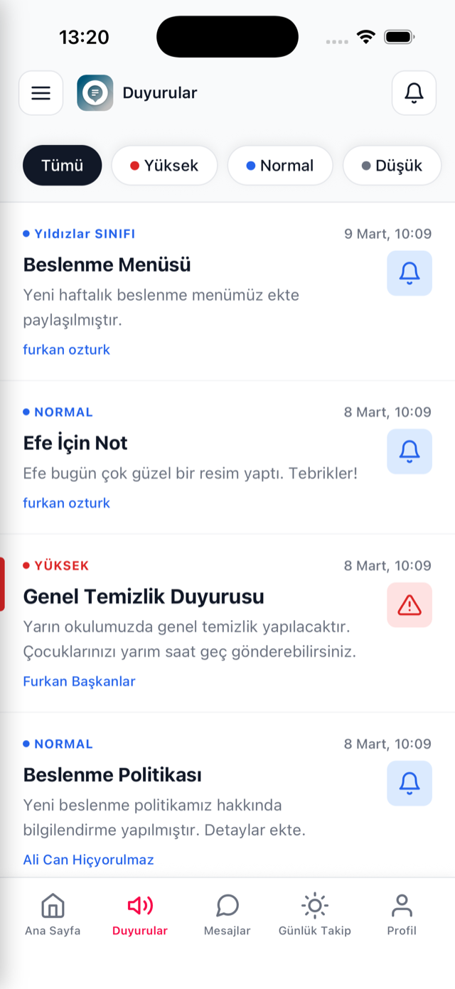 Duyurular ekranı: okul duyuruları ve okundu bilgisi