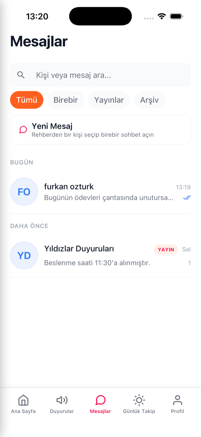 Mesajlaşma ekranı: öğretmen ile veli arasındaki yazışma