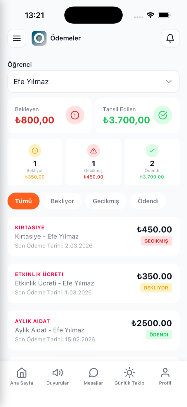 Ödeme takibi ekranı: taksitler ve yaklaşan ödemeler