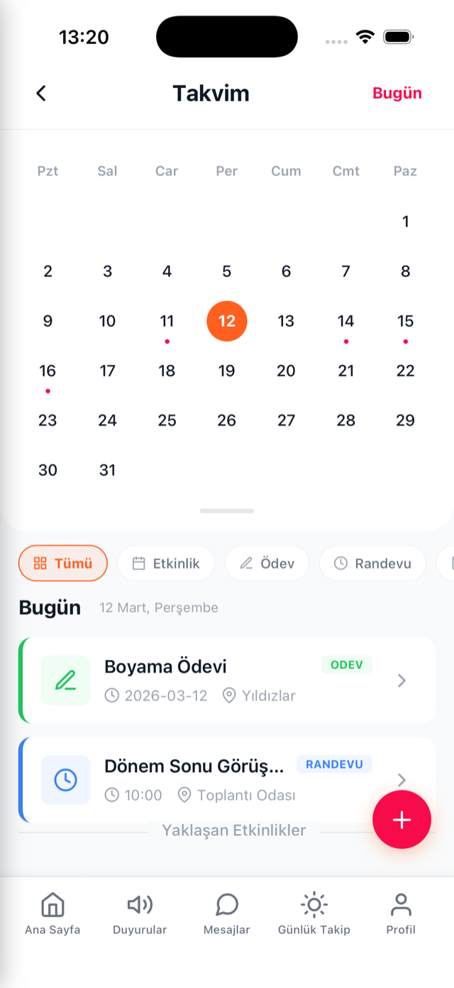 Takvim ekranı: okul etkinlikleri ve önemli günler
