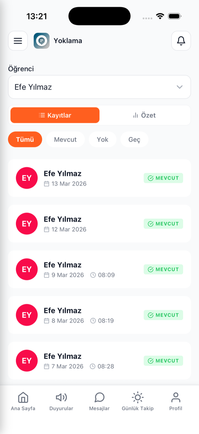 Yoklama ekranı: sınıf listesi üzerinden hızlı yoklama alma